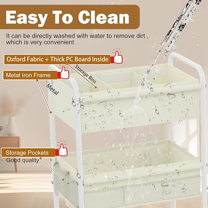 3-Tier Baby Diaper Caddy Cart Organizer,Mobile Nursery Storage Carts with Wheels,With 2 Dividers&14 Mesh Pockets Durable Metal Utility Cart for Nursery, Bedroom, Bathroom, Baby Essentials Organization - Image 8