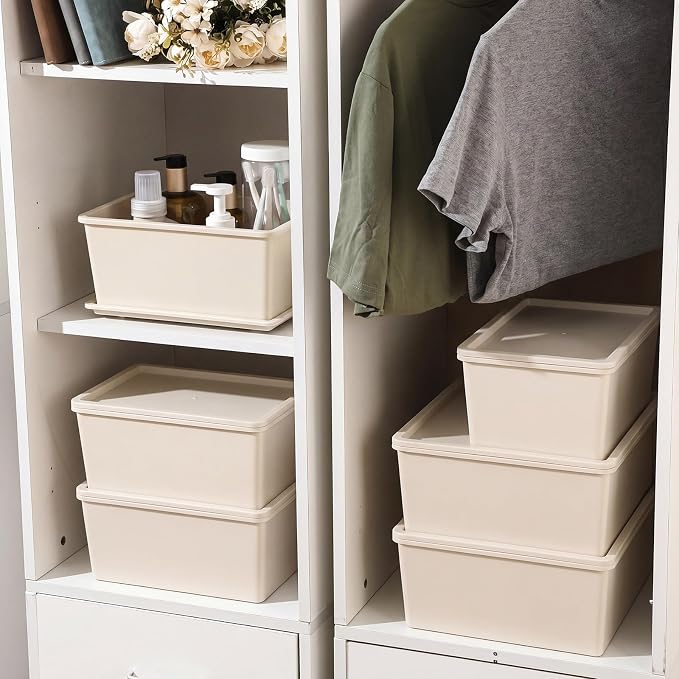 6 Pcs White Large and Small Plastic Storage Bins with Lids | 14.4 x 10.4 x 5.1 Inch and 10.6 x 7.5 x 4.7 Inch, Stackable Storage Container, Decorative Organizer for Shelves Closet Office - Image 4