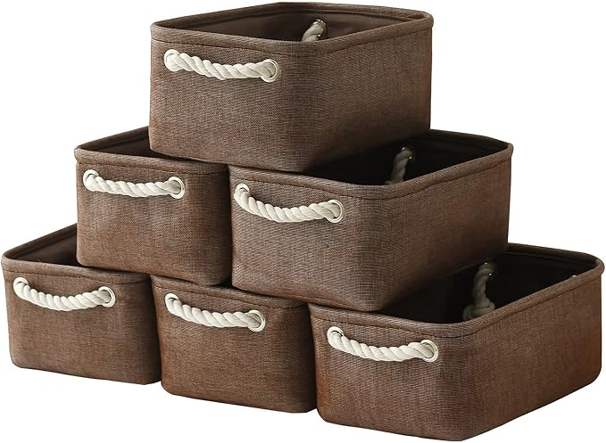 Storage Basket for Organizing - 12x8x5 inch Small 6 Pack Collapsible Storage Bin for Shelves with Handles, Canves Storage Box for Cloth Closet Organizer Gift Toy (Brown) by TheWarmHome