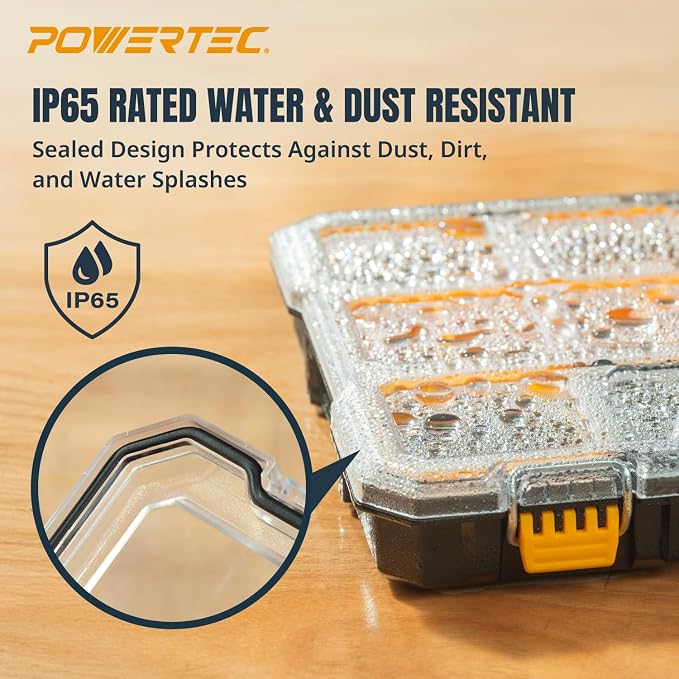 POWERTEC Small Parts Organizer & Tool Box – 20 Compartments, IP65 Water & Dust Protection, Stackable Storage with Interlocking Latch, Removable Bin, Divider, Clear Lid, Portable Design, 2PK (72366-P2) - Image 6