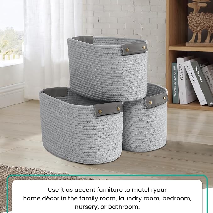 3 Pack Woven Cotton Rope Storage Basket, 15x10x9, Gray | Faux Leather Handles; Decorative Closet Shelf Organizer; Ideal for Storage & Organization - Image 6