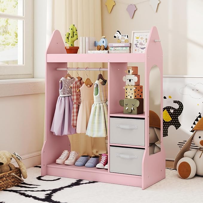 Costzon Kids Dress Up Storage with Mirror, Clothes Rack, Shelves, 2 Fabric Storage Bins, Pretend Play Costume Organizer, Open Hanging Wardrobe Closet Armoire Dresser for Bedroom Playroom - Image 7