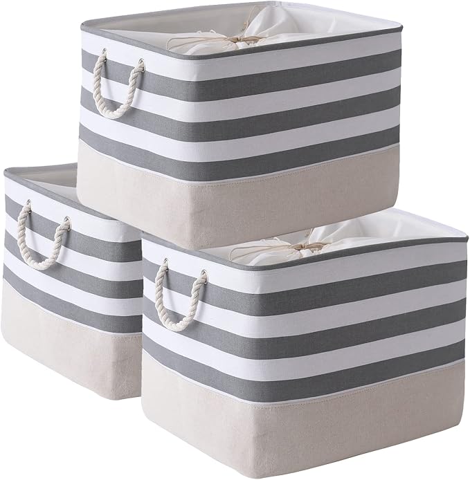 Jumbo Storage Bins Baskets, Sturdy Fabric Organizing Basket W/Handles, Decorative Foldable Storage Baskets for Shelves Closet Nursery Toy (Grey&White Stripes 3 Pack, 20.5Lx15.7Wx13.8H in) by TheWarmHome