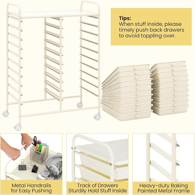 RELAX4LIFE 20-Drawer Rolling Storage Cart - Mobile Rolling Cart w/Drawers for School Classroom Teacher Office Home Salon, Paper File Art Supply Craft Organizer, Utility Cart on Wheels (Ivory) - Image 6