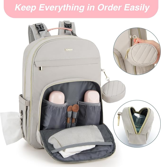 Diaper Bag Backpack, Quilted Baby Bag with Changing Pad and Stroller Straps and Pacifier Case, Multifunction Waterproof Travel Diaper Bags, Unisex, Light Grey and Pink - Image 3