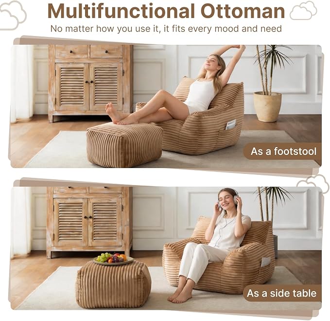 Oversized Bean Bag Chair with Ottoman, Bean Bag Couch with 2 Side Pockets, Corduroy Boneless Couch Chair in a Box, Comfy Lounge Chair for Living Room, Bedroom, Dorm, Brown - Image 4