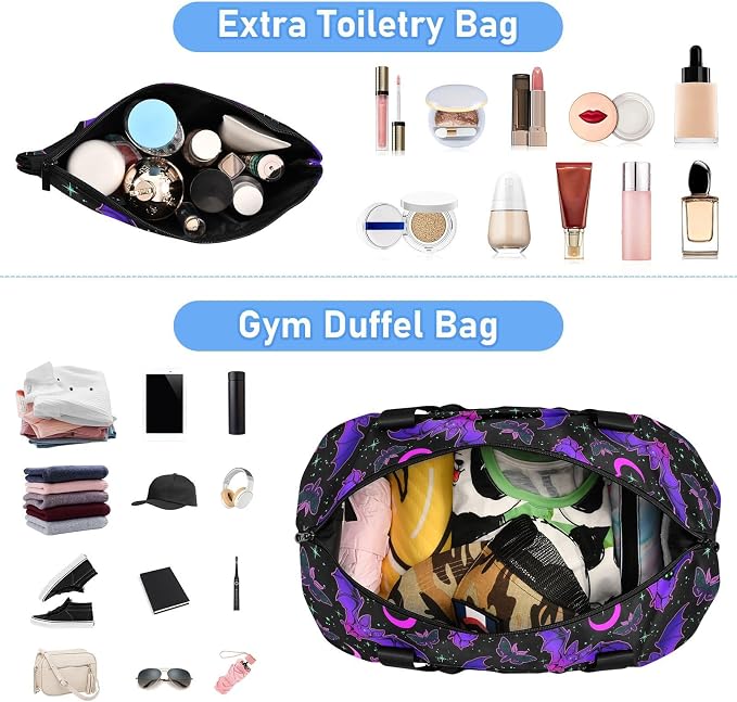 Travel Duffel Tote Bag Purple Bat Gothic Sports Duffel Bag with Wet Pocket Weekender Overnight Bag for Women Men Gym Bag, Carry On Bag Hospital Bag for Labor and Delivery - Image 3