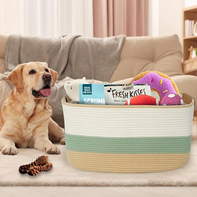 Large Woven Basket, 108L Rectangular Woven Storage Basket with Leather Handles, Stylish Organizer Bin for Home, Office, Laundry, Toys, or Blankets, 25’’*16’’*16’’ White & Green & Jute - Image 6