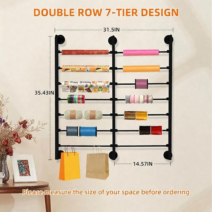 7-Tier Double Row Ribbon Storage Organizer , Wall Mounted Ribbon Organizer | 14 Removable Rods Craft Room Storage Rack. Perfect for Flower Shops, DIY Yarn, Gift Bags & Wrapping Paper Organization - Image 2