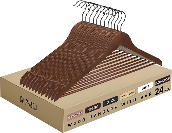 Wooden Clothes Hangers with Pants Bars, Walnut, 24-Pack | Heavy Duty Solid Wood Suit & Coat Hangers with Swivel Hook & Shoulder Notches, for Shirts, Jackets, Dresses & Trousers by BP4U%E2%84%A2