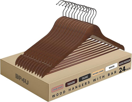 Wooden Clothes Hangers with Pants Bars, Walnut, 24-Pack | Heavy Duty Solid Wood Suit & Coat Hangers with Swivel Hook & Shoulder Notches, for Shirts, Jackets, Dresses & Trousers by BP4U%E2%84%A2
