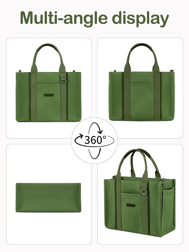 BESBESME Women’s Canvas Tote Bag with Zipper and Compartments – Multi-Pocket Laptop Work Crossbody Shoulder Tote Purse - Image 6