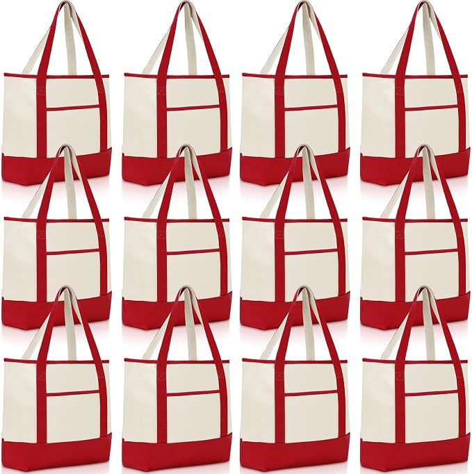 Sanwuta Canvas Tote Bags Bulk with Outer Pockets,Red,12 Pack | Reusable Cotton Grocery Bags, Perfect for Teachers, Party Giveaways, DIY Crafts, Wedding Favors, Business Gifts by Sanwuta
