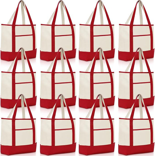 Sanwuta Canvas Tote Bags Bulk with Outer Pockets,Red,12 Pack | Reusable Cotton Grocery Bags, Perfect for Teachers, Party Giveaways, DIY Crafts, Wedding Favors, Business Gifts by Sanwuta