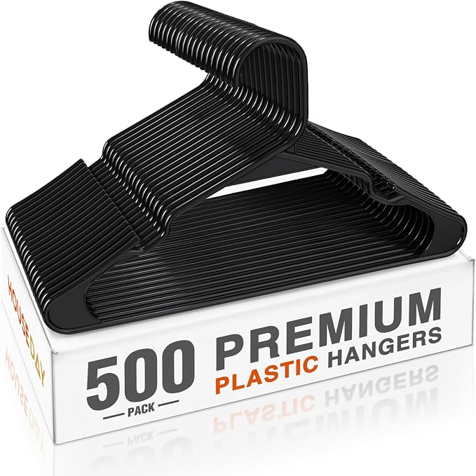 HOUSE DAY Black Plastic Hangers 500 Pack, Slim Space Saving Clothes Hangers | Durable Hangers for Shirts, Coats, Pants, Non-Slip Notches, Bulk Pack for Retail Stores, Dry Cleaners and Commercial Use by HOUSEDAY