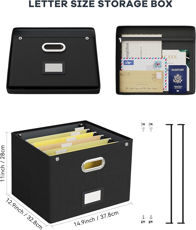 2 Pack File Organizer Box with Lid, Large Hanging Filing Box with Mesh Pocket, Document Organizer for Letter Files, Portable Storage Case for Office&Home (Black) - Image 2