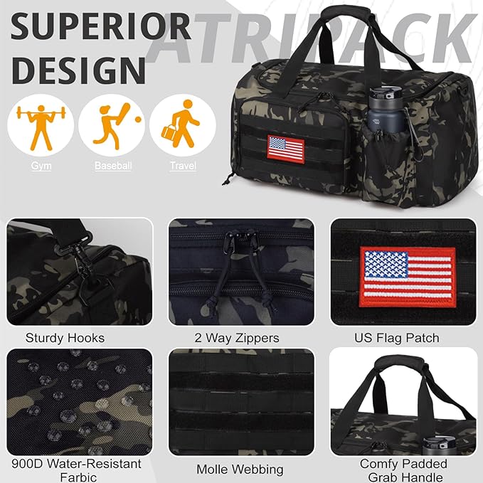 Tactical Gym Bag for Men, 40L Duffle Bag with Shoes Compartment for Travel | Water-Resistant Sports Weekender Bag with Adjustable Shoulder Strap Wet Pocket for Gym,Travel,Hiking,Camping Overnight Trips - Image 6
