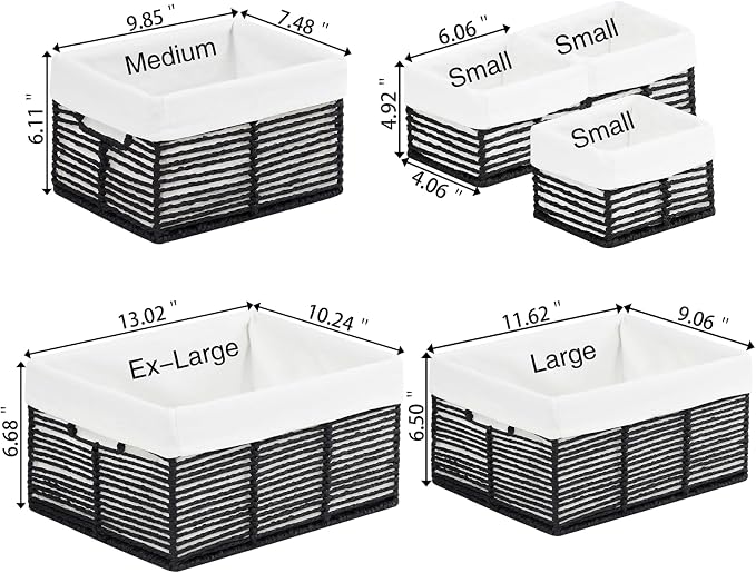 Wicker Storage Basket, 6 Pack Baskets for Organizing, Wicker Baskets with Handle, Rectangular Woven Basket for Storage Shelves, Cube Storage Bins for Closet/Clothes/Dresser, Black - Image 2