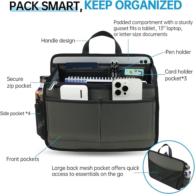 Small Rugged Organizer Insert for Briefcase Tote Shoulder Messenger Bag-19 Pockets,Padded Water-repellent Nylon-Gray - Image 2