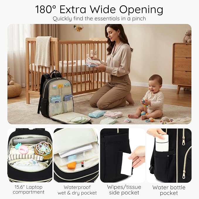 Large Diaper Bag Backpack with Changing Pad & Pacifier Case, Green | Multi-functional lightweight waterproof maternity & toddler travel backpack. Insulated, wet/dry pocket & stroller straps - Image 5
