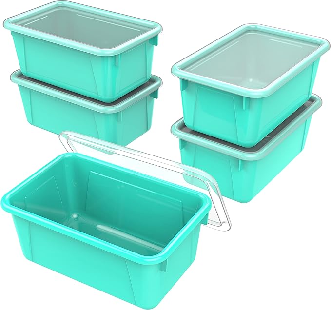 Storex Small Cubby Bins – Plastic Storage Containers for Classroom with Non-Snap Lid, 12.2 x 7.8 x 5.1 inches, Teal, (62412U05C) (Pack of 5) by Storex