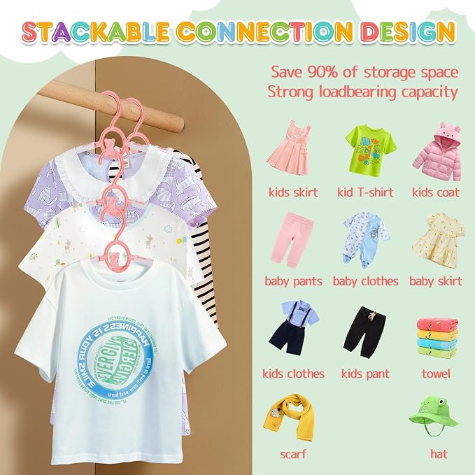 Baby Hangers, 11-14 Inch Extendable Kid Hangers, Non-Slip, Stackable, Space Saving, Pink, 100 Pack - Image 5