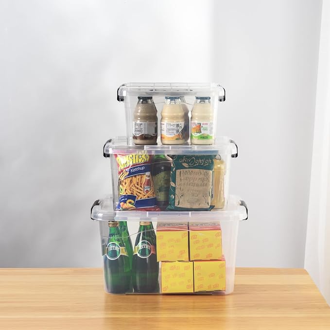 Cetomo Storage Boxes, Storage Box with Lids and Handle for Home Dorm Office Organization, Stackable Nesting Tote Container, Plastic, Clear, 6L 10L 18L-3 Pack - Image 6