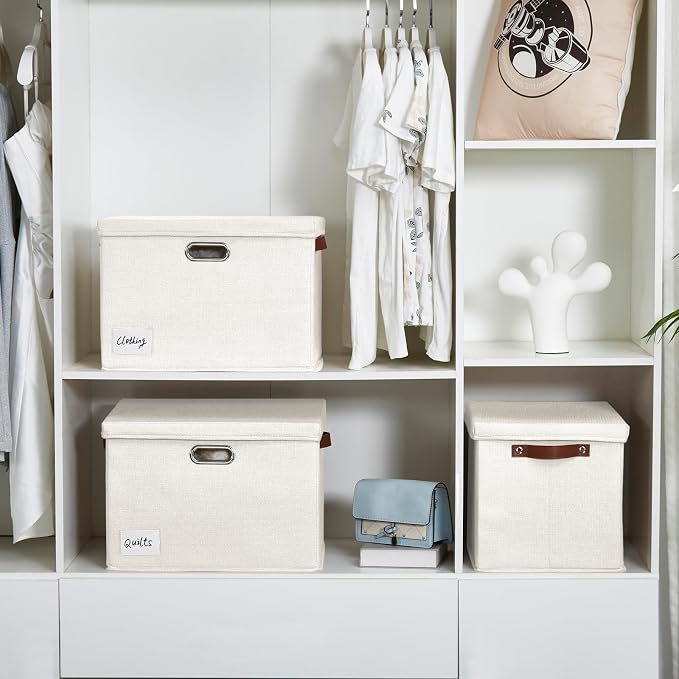 Roobyl 15" Fabric Storage Box with Lids, 3-Pack, White | Stackable, Foldable, 2 PU Handles and 2 Metal Handles, Decorative Fabric, For Home, Bedroom, Closet, Office, Nursery - Image 7