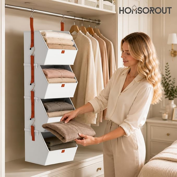Hanging Closet Organizer 4 Tier - Clothes Hanging Shelves, Space-Saving Closet System, Fabric Storage Bins Bedroom Organization, Collapsible Baskets for Home, Dorm, Rv, White - Image 5