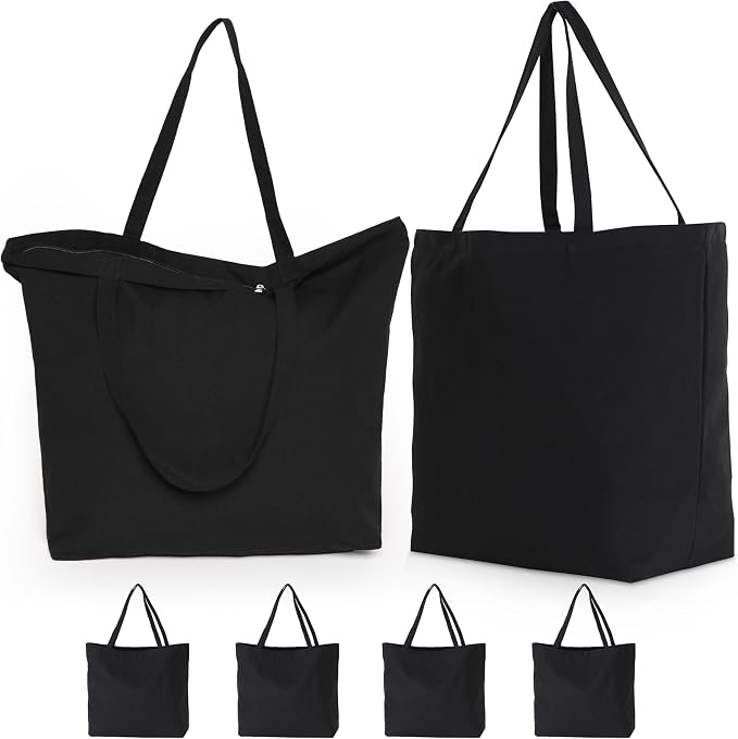 Koolmox 6Pack 22x16x7.8'' 12Oz Heavy Duty Canvas Tote Bag with Zipper, Reinforced Handles Wide Bottom, Large Canvas Bag, Extra Big Grocery Shopping Beach Reusable Totes Bags Vacation Bags Plain Black by Koolmox