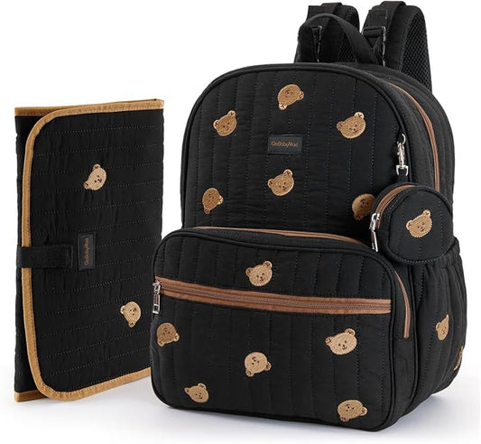 Large Diaper Bag Backpack with Changing Pad, Insulated Bottle Pockets, Travel & Hospital Bag for Mom & Dad (Large - Black Bears) by GoBabyMart