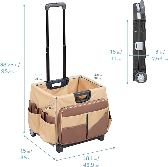 ECR4Kids Universal Rolling Cart with Canvas Organizer Bag, Mobile Storage, Dark Grey/Grey | Durable plastic, 30 compartments, adjustable handle, 40 lb capacity, collapses to 3" thick, rolling wheels for easy transport - Image 2