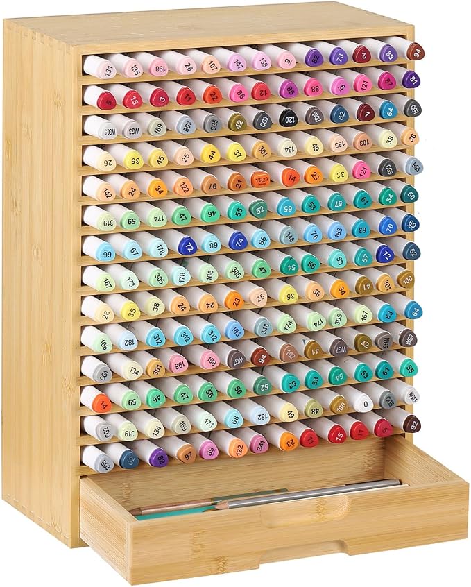AUTOARK Natural Bamboo Marker Organizer with Drawer, AHK-065 | 182 Slots by AUTOARK