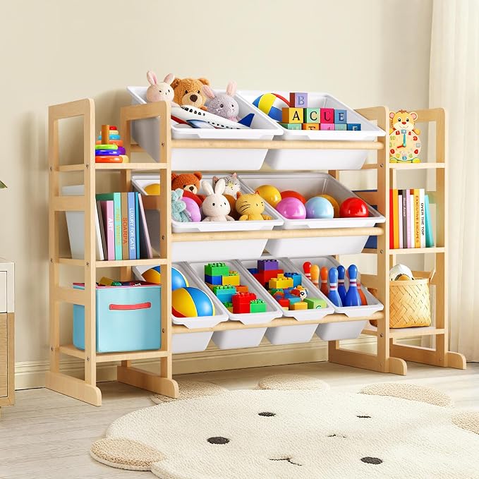 Fuilee Wooden Toy Storage Organizer for Kids, Multi-Tier Toy Organizer with Bins & Side Montessori Bookshelves, Sturdy Natural Wood Playroom Storage Solution for Toys, Books, Games by GOODIDEA