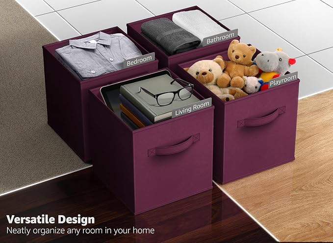Sorbus Foldable Storage Cubes - 6 Fabric Baskets for Organizing Pantry, Closet, Shelf, Nursery, Playroom, Toy Box, Cubby - 11 Inch Dual Handle Collapsible Closet Organizers and Storage Bins (Purple) - Image 5