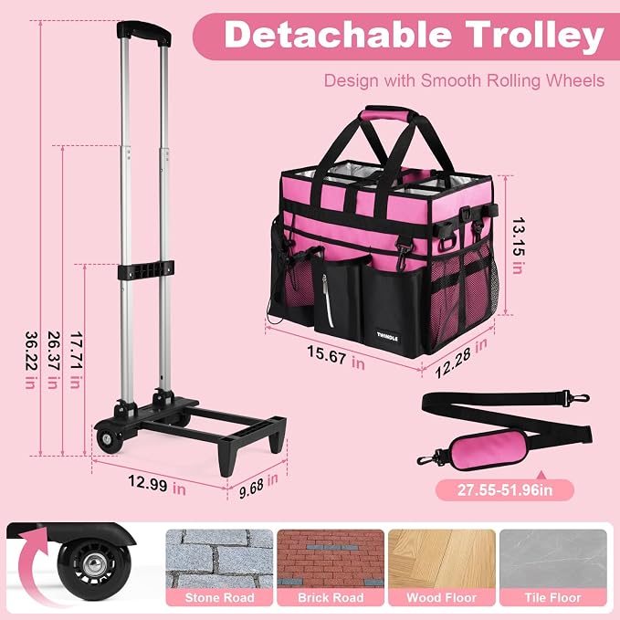 Cleaning Caddy with Wheels, Rolling Cleaning Supplies Organizer with Bottom Board, Dividers & Shoulder Strap, Portable Utility Tote with Small Trolley, Rose Pink - Image 2