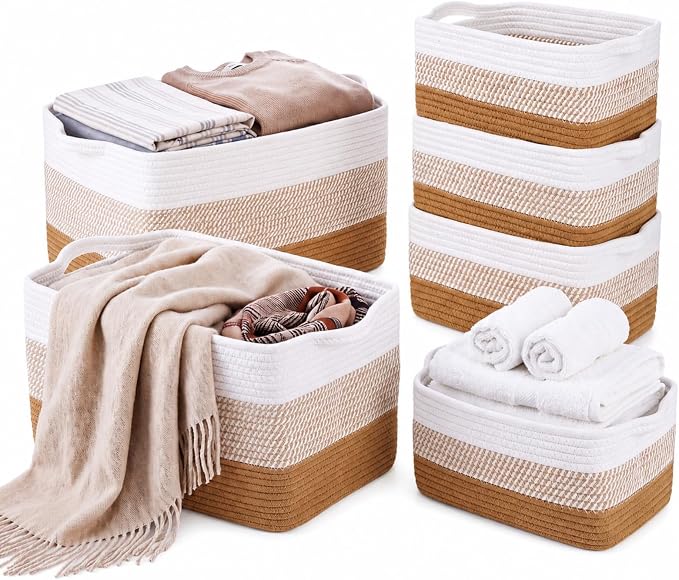 Sawysine Woven Baskets for Storage, 6 Pack Cotton Rope Organizer Bins, 2 Sizes Large 15 x 11 x 10 in and Small 12 x 8 x 6 in, Shelf Basket for Toys, Towels, Clothes, Blankets, Laundry, Nursery by Sawysine