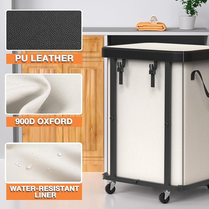 Laundry Basket with Wheels,150L Leather Patchwork Rolling Hamper Carts | Sturdy Metal Frame, Removable Washable Bag, Tall Clothes Sorter for Bedroom, Laundry Room - Beige - Image 2