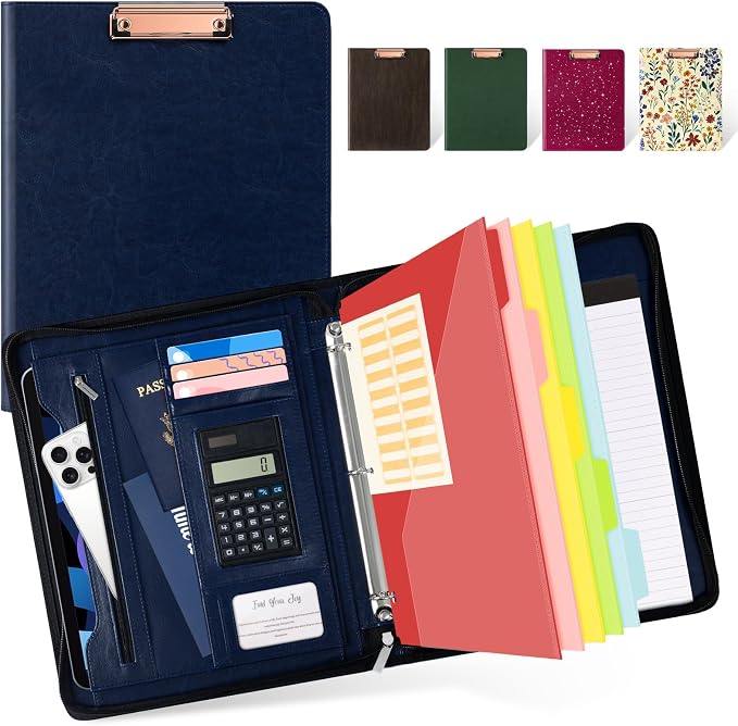Ospelelf 3 Ring Portfolio Binder with Zipper, Leather Clipboard with Storage, Padfolio Folder for Men, 12.1” Tablet Sleeve, 5 Dividers with Pocket, Refillable Notepad, Card Slot (Navy Bule) by OspelelfOfficeSupplies