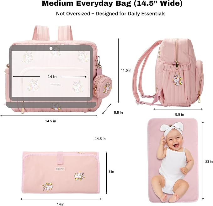 Diaper Bag Backpack with Changing Pad - Travel Baby Bag, Insulated Bottle Pockets, Stroller Straps (Medium - Pink Unicorns) - Image 6