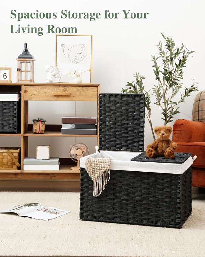 SETVSON Storage Basket with Lid PE Rattan Storage Basket 105L, Black | 27.8 Gallon Storage Bin with 2 Separate Lids, 2 Removable Liners for Clothes & Blankets, Sturdy Metal Frame, PE Rattan - Image 3