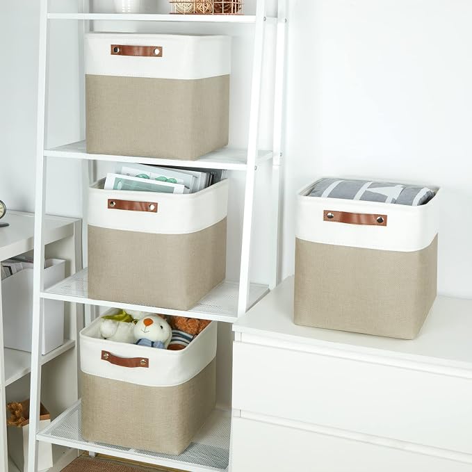 Temary Fabric Storage Baskets 12x12 Cube Bins 4 Pack Cloth Baskets for Shelf, Storage Cubes Bins Gift Empty (White&Khaki) - Image 5