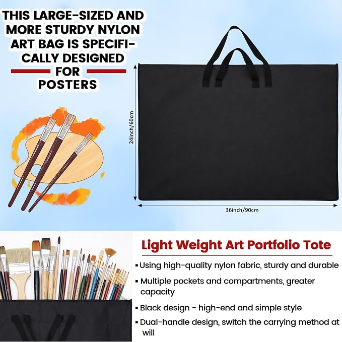 Abbylike 24 x 36 Inch Art Portfolio Bag Large Waterproof Nylon Carry Case Shoulder Strap Poster Board Painting Drawing Sketch Storage Artist Portfolio for Students Artwork Gift Supplies(Black) - Image 2