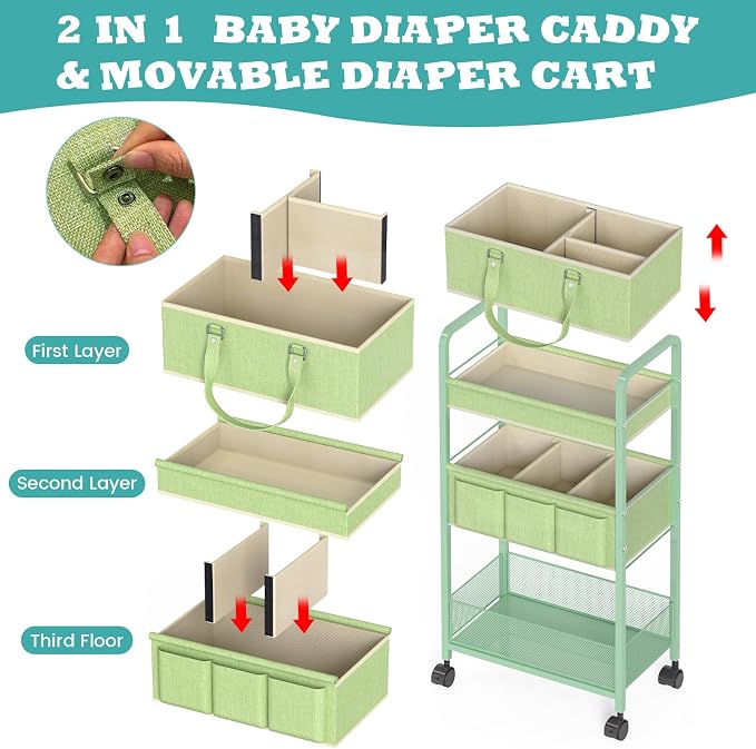 2in1 Baby Diaper Caddy Organizer Cart, 3-Tier Rolling Cart, Metal Diaper Caddy Carts, Bedside Carts for Nursery Essentials Storage, Detachable Dividers, Large Capacity, Green - Image 3