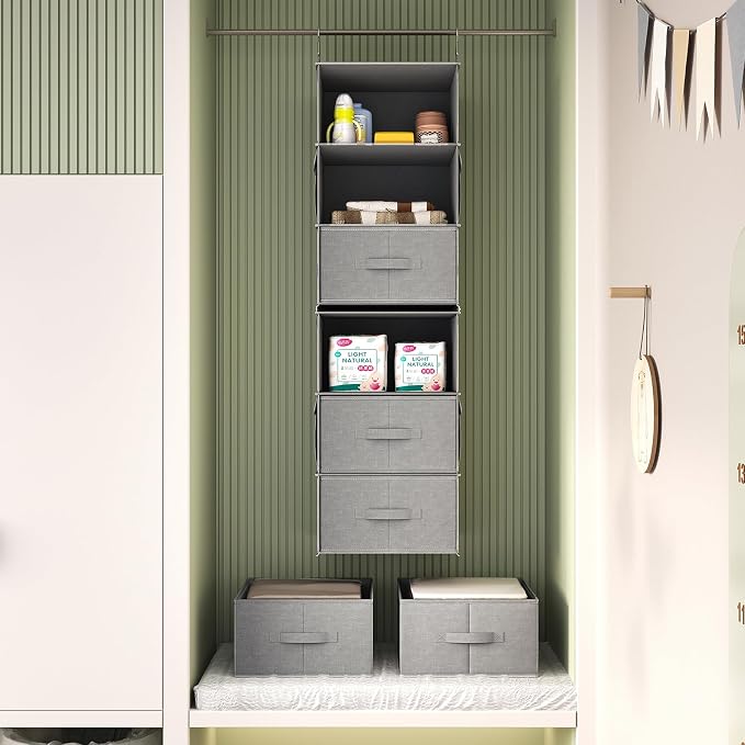 6-Shelf Hanging Closet Organizer with 3 Drawers, Separable, Medium Gray | Converts into Two 3-Shelf Organizers, Foldable Drawers, Side Pockets, Ideal for Wardrobe, Nursery, Dorm & Closet Storage - Image 2