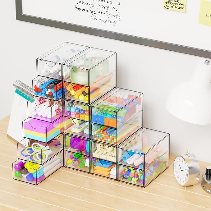 9 Pack Small Acrylic Drawers With 18 Drawers,Clear Drawer Organizers Stackable,School,Office Supplies Organizer And Storage Bins for Stationery,Pen,Pencil,Craft,Glasses,Sunglass Organizer Case - Image 7