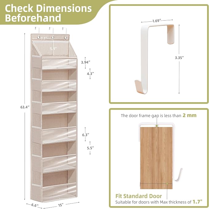 Over Door Organizer with 6 Extra Large Pockets and 12 Side Pockets, Large Capacity Hanging Storage Organizer with Clear Window for Shoes, Diapers, Beige, 6 Layers, 2-Pack - Image 2
