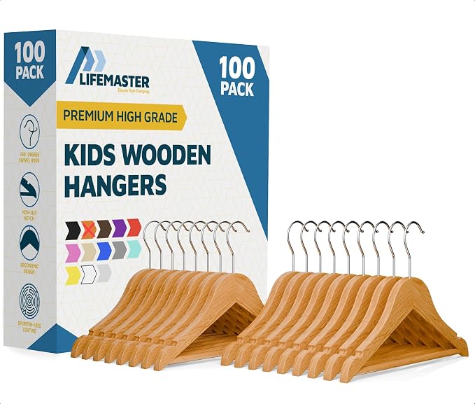 Natural Color Wooden Kids Hangers 100 Pack, Toddler & Baby Wooden Hangers, 11.8" Solid Maple Wood with 360° Swivel Hook, Pants Bar & Notches, Up to 7.7lb Capacity, Space-Saving Design for Ages 0–8 by LIFEMASTER