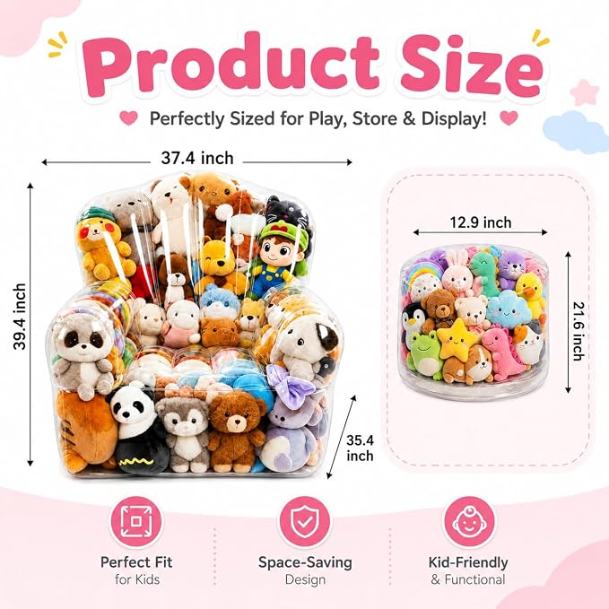 Clear Stuffed Animal Storage Bean Bag Chair Cover for Kids with Zipper | Transparent Waterparoof Wipe Clean Thicker PVC, Holds 180+ Stuffed Animals, Double Zipper for Plush Toys Storage & Organizing - Image 2