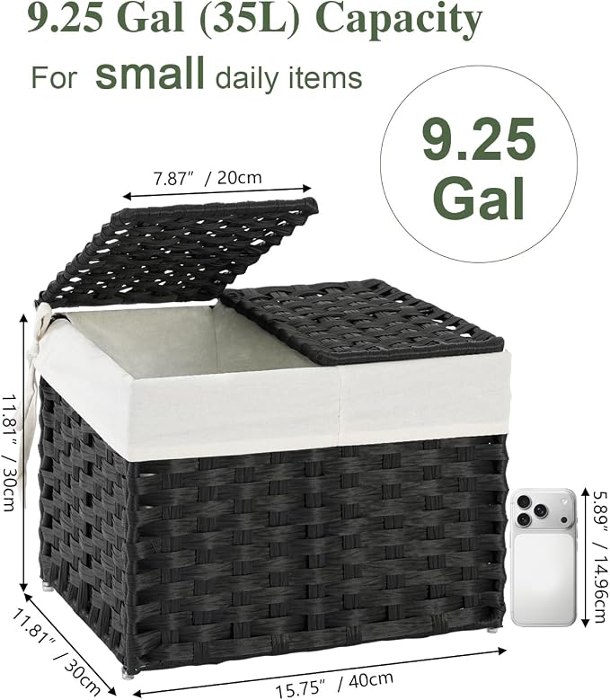 SETVSON Storage Basket with Lid, 2-Lid PE Rattan Storage Bin, Black | 9.2 Gal Decorative PE Rattan Furniture Look for Bedroom, 2 Separate Lids, 2 Liners with Divider for Apparel & Essentials - Image 2